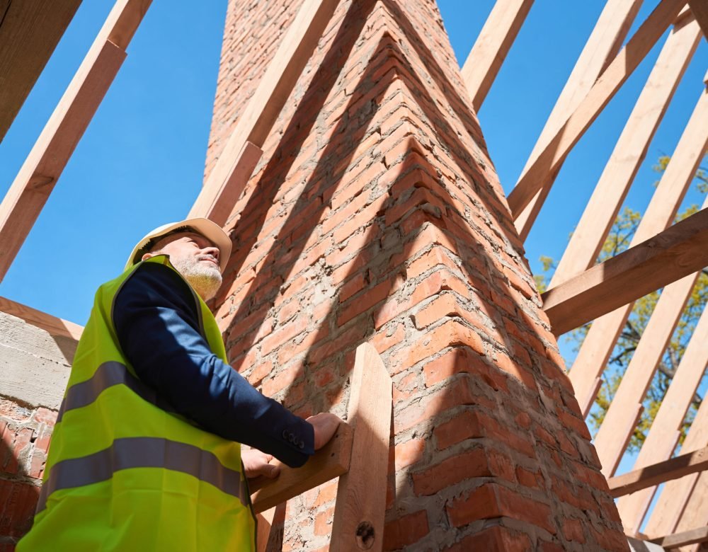 Skilled building engineer standing on ladder looking at roof beams, examining quality of work, planning next stage of building spending time at construction site