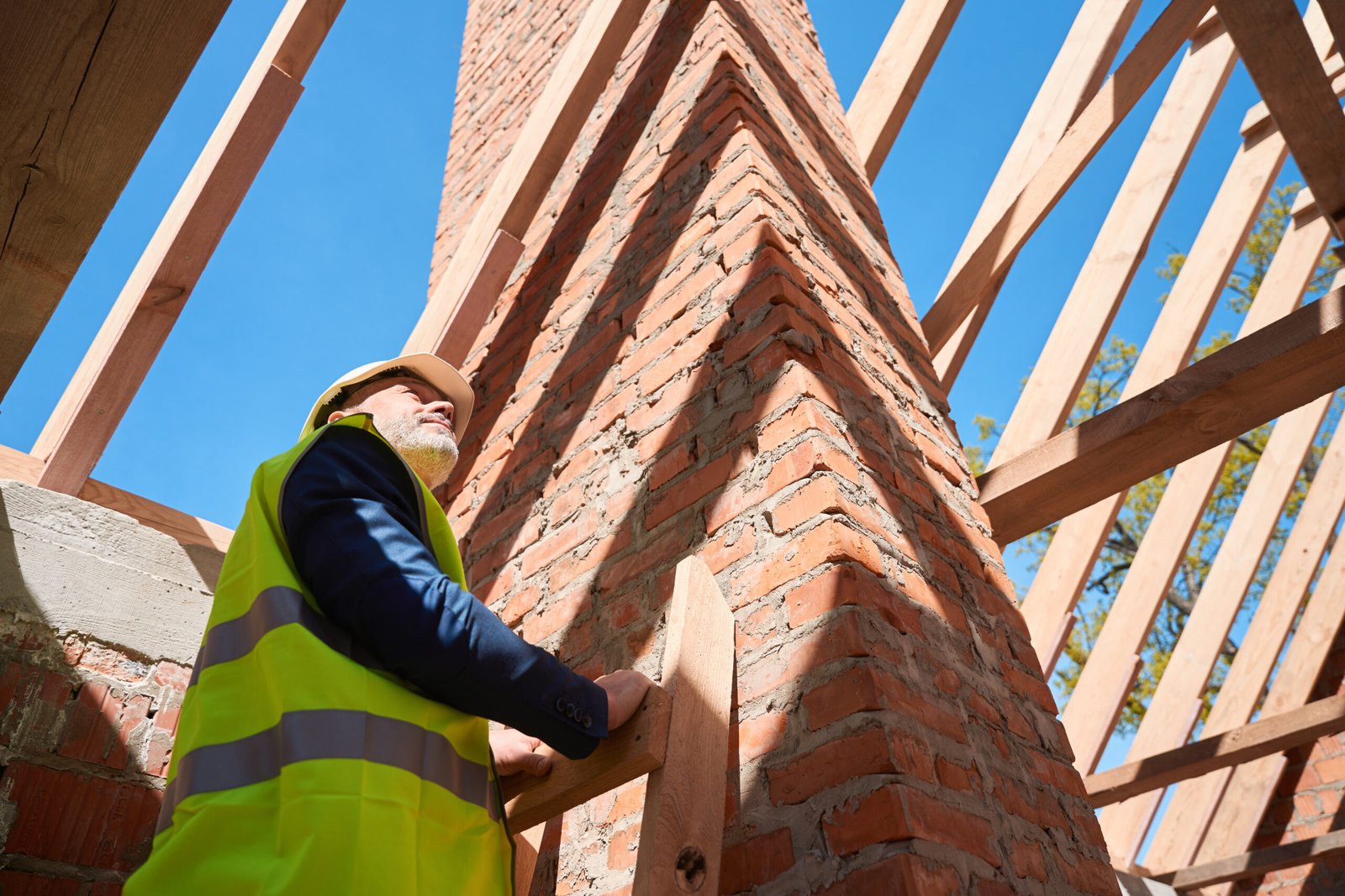 Skilled building engineer standing on ladder looking at roof beams, examining quality of work, planning next stage of building spending time at construction site